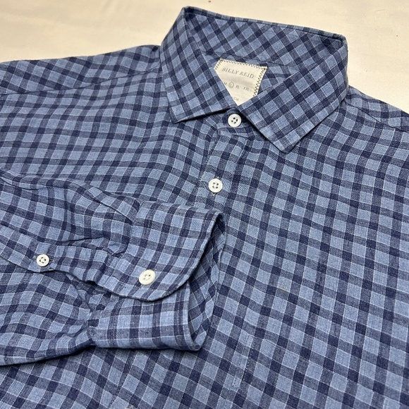 Billy Reid Mens L Blue Plaid Button Up Shirt 100% Linen Italy - Picture 1 of 7